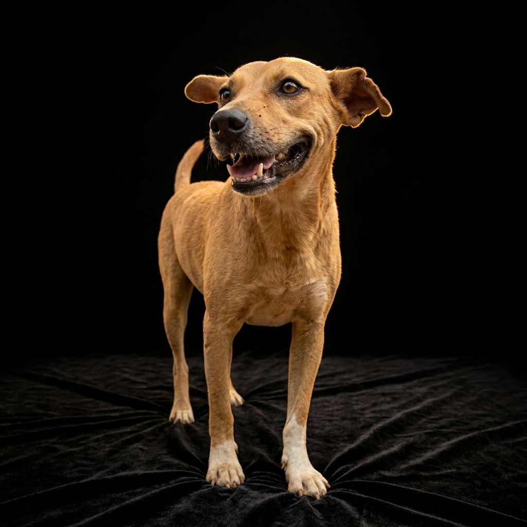 Kenyan local dog standing on black velvet carpet